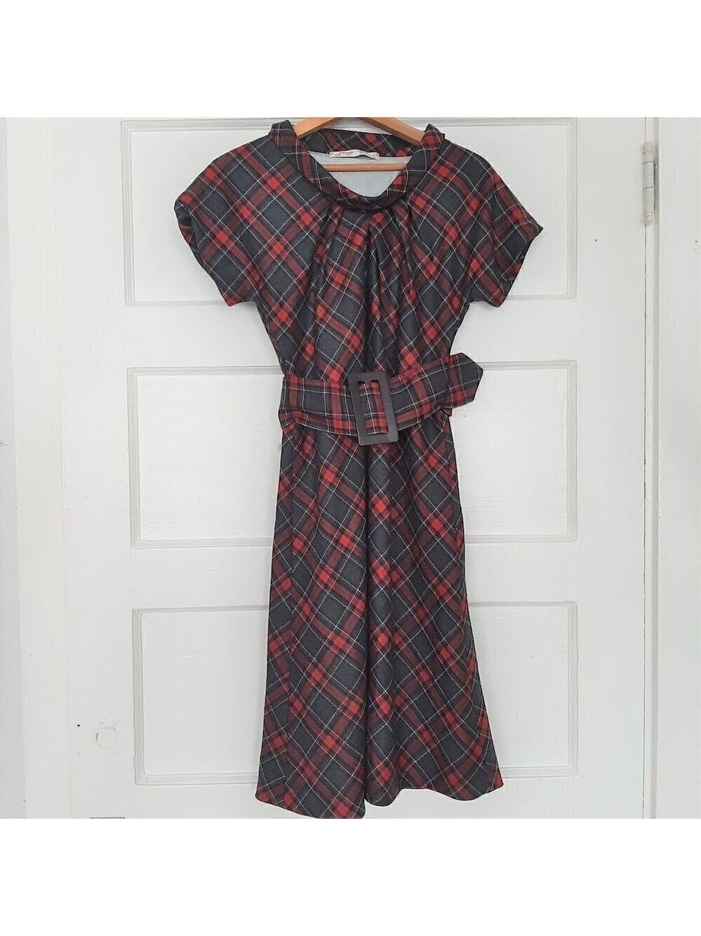 Mary Jane Italy Indie Designer Red Plaid Belted Vintage Inspired Wool Dress